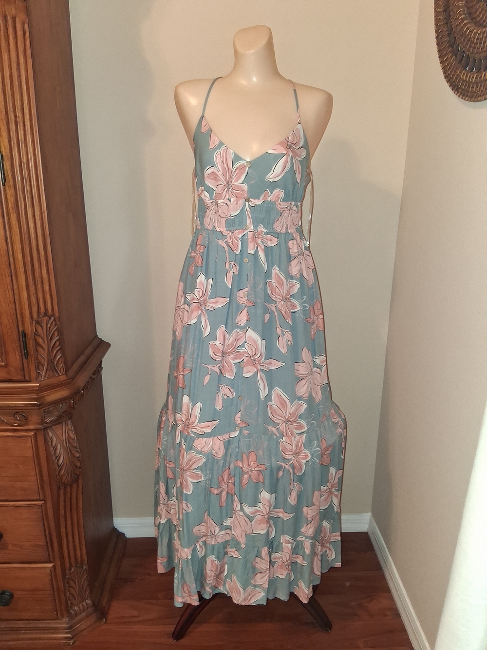 BE COOL Dusty Blue Maxi Dress with Pink Floral Print